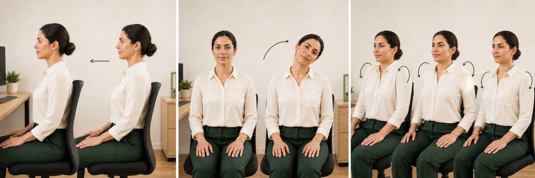 Retrazione del mento, inclinazione laterale del collo e movimento controllato delle spalle