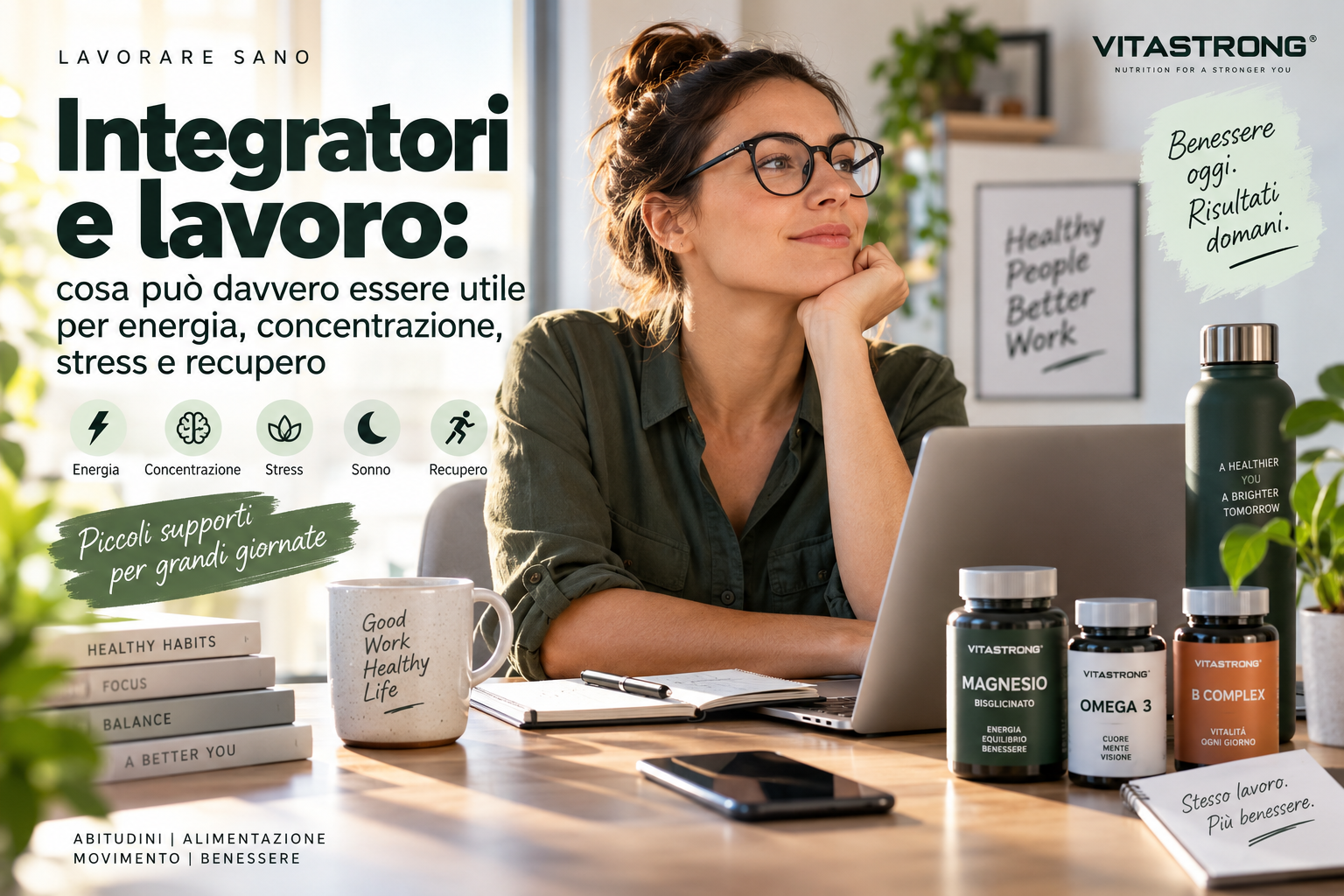 Integratori e lavoro: cosa può davvero essere utile per energia, concentrazione, stress e recupero