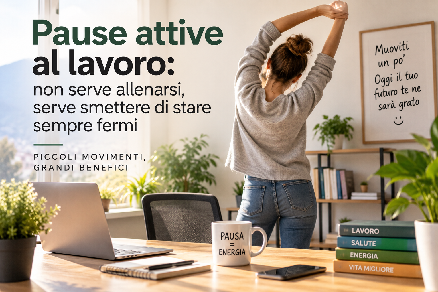 Donna che fa una pausa attiva e si allunga accanto alla scrivania durante una giornata di lavoro